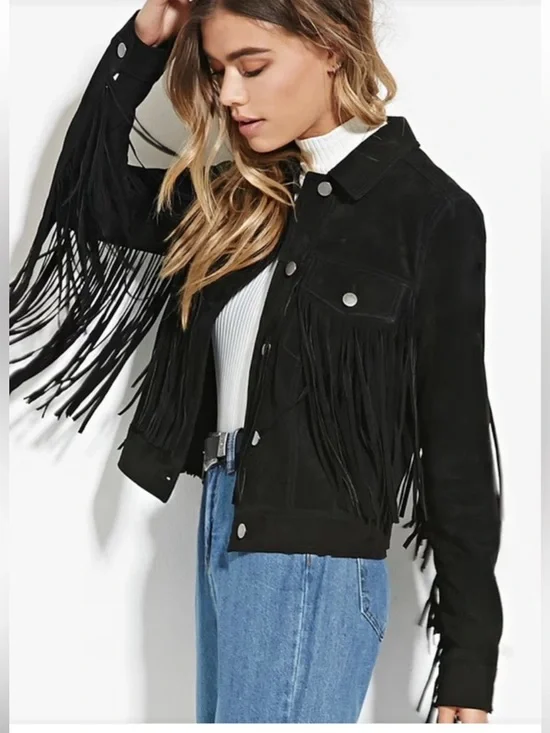 Forever 21 Black Suede Fringe Jacket Spiked Cowgirl Western Festival Punk Small - Picture 4 of 15